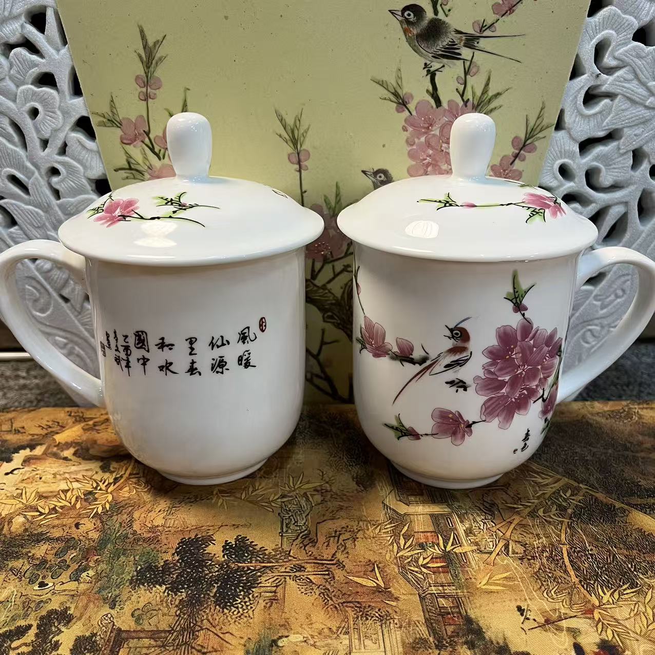 景德镇花鸟红梅陶瓷办公杯/对杯