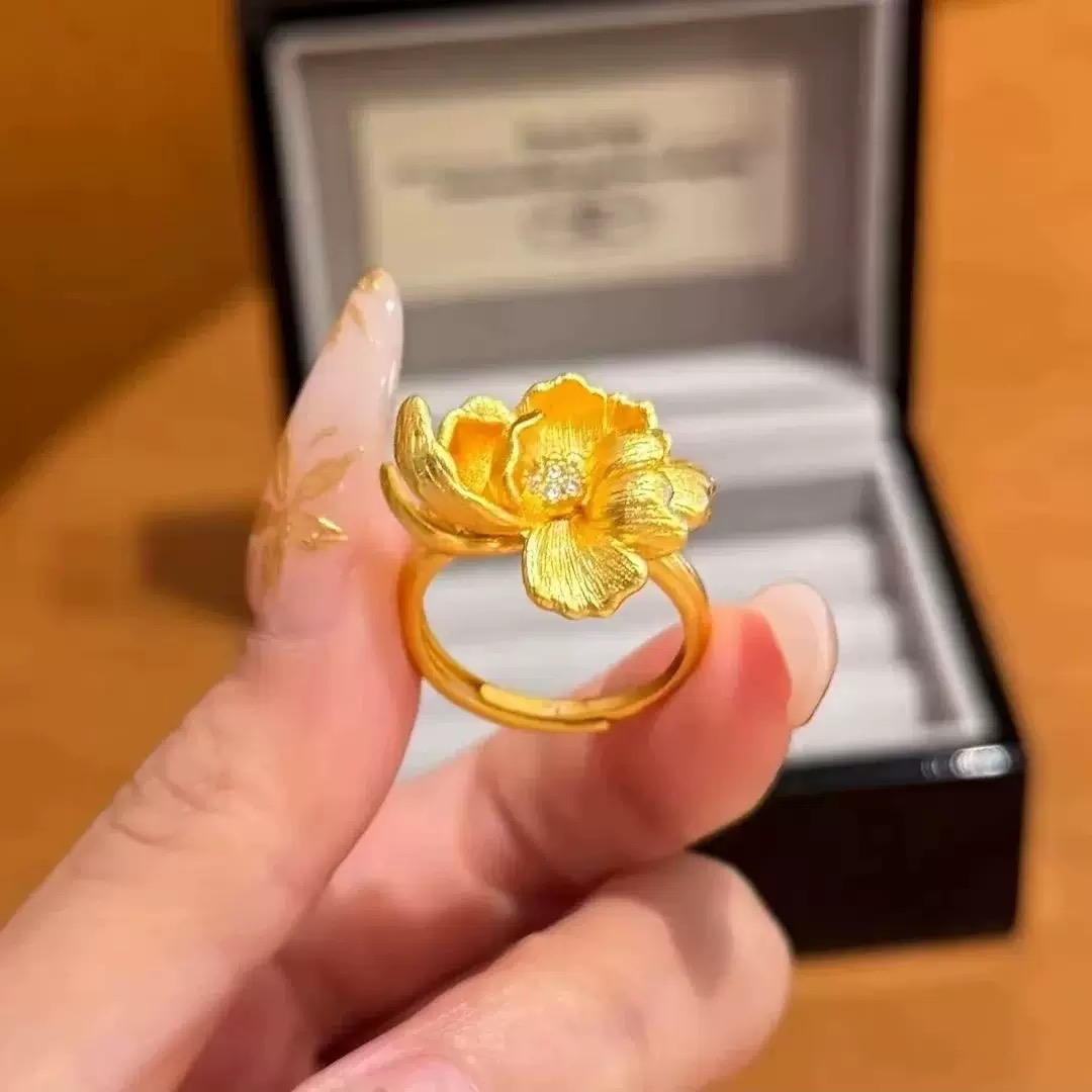 铜合金戒指 古法芍药花开口戒指女款可调节气质轻奢时尚