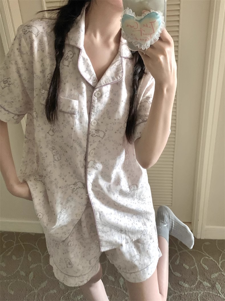 日系甜美碎花三件套女士夏季天短袖薄款可爱大码家居服韩版ins风