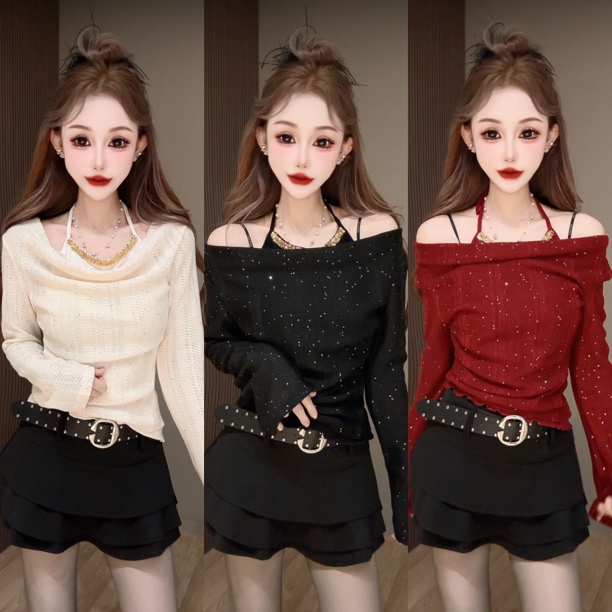 630假两件毛衣荡领气质修身显瘦拼接假两件长袖上衣