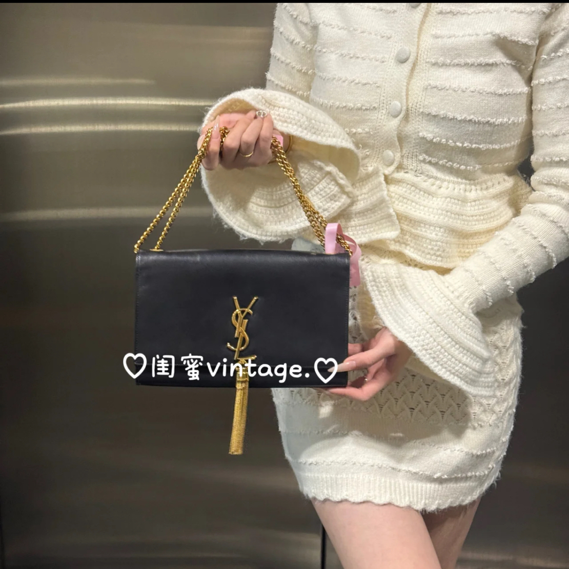 95新 YSL/圣罗兰 小牛皮黑金流苏中号kate单肩斜挎包
