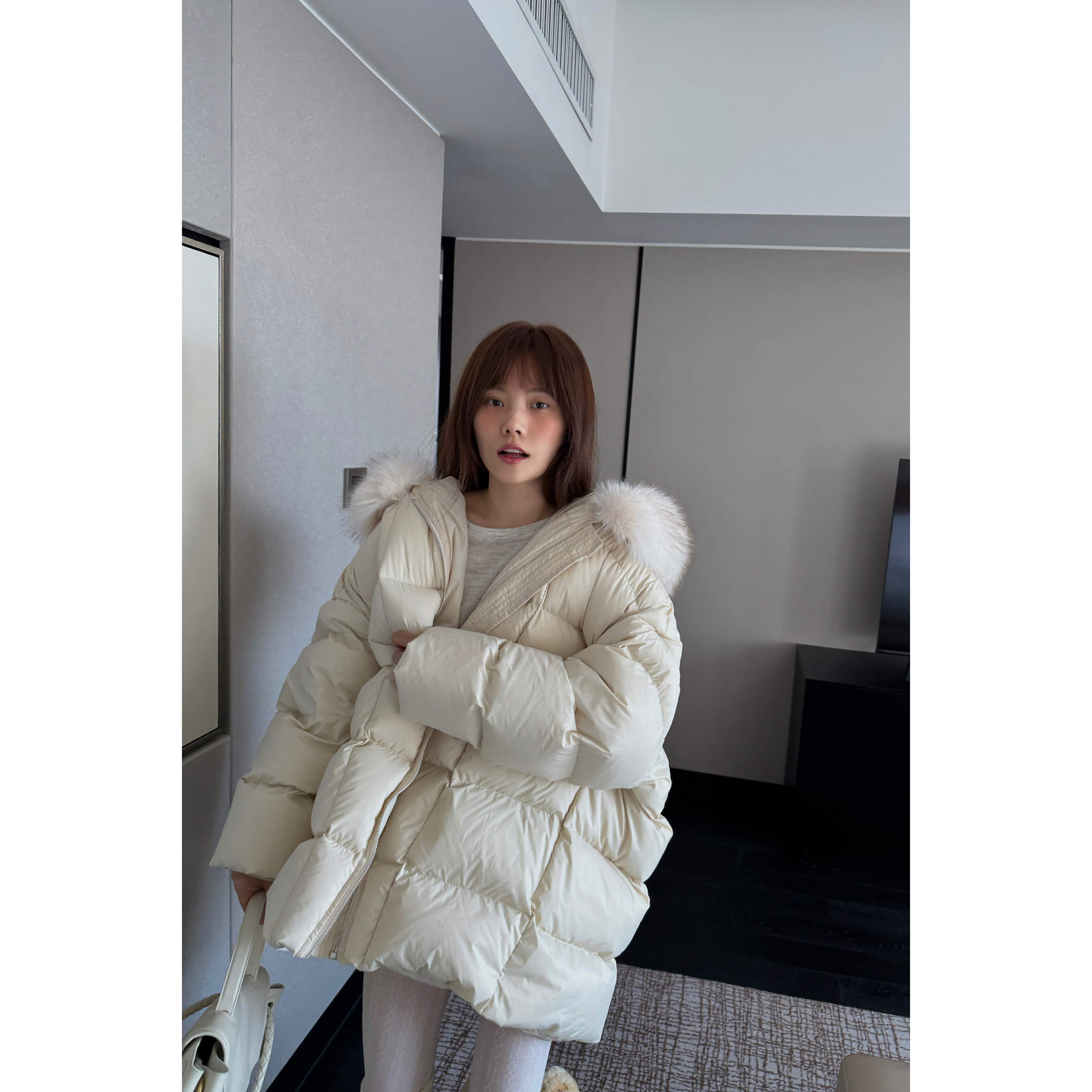 JINGDL【奶呼呼】90%白鸭绒韩版舒适宽松连帽毛领绗线可爱羽绒服