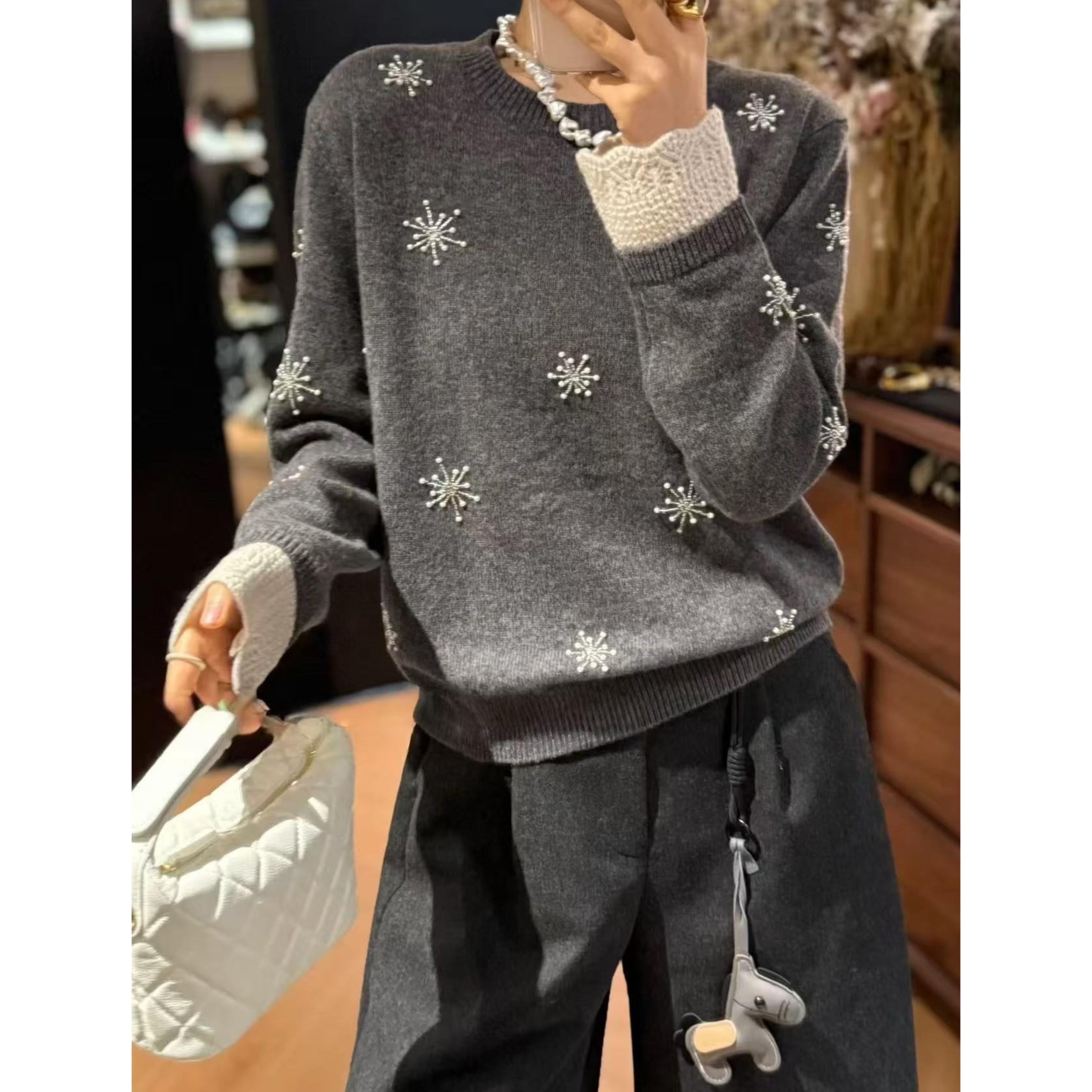 勿机洗！胸98-160长55（部分无三标介意慎拍）刺绣钉珠羊毛衫YM 5066