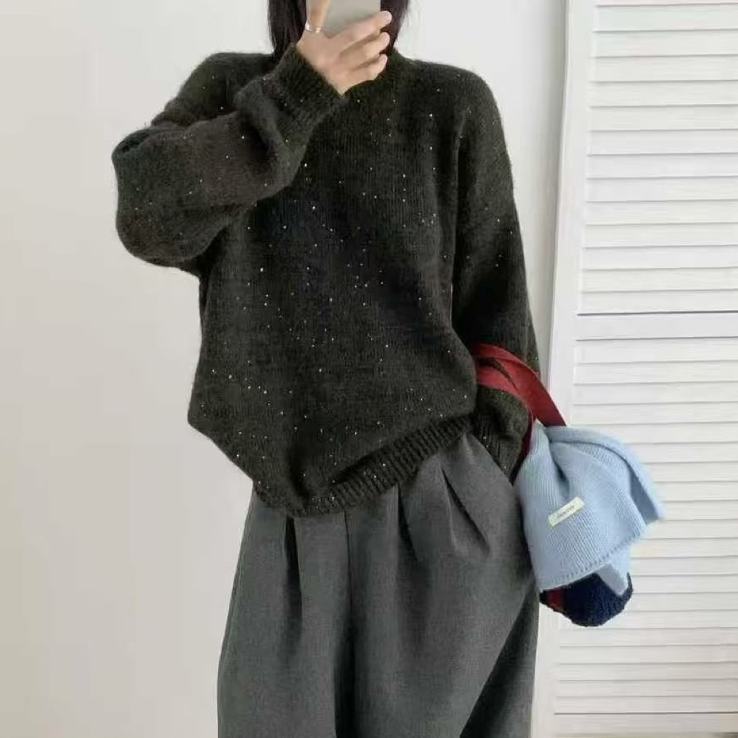 上衣复古宽松女款针织毛衣圆领女百搭毛针织衫