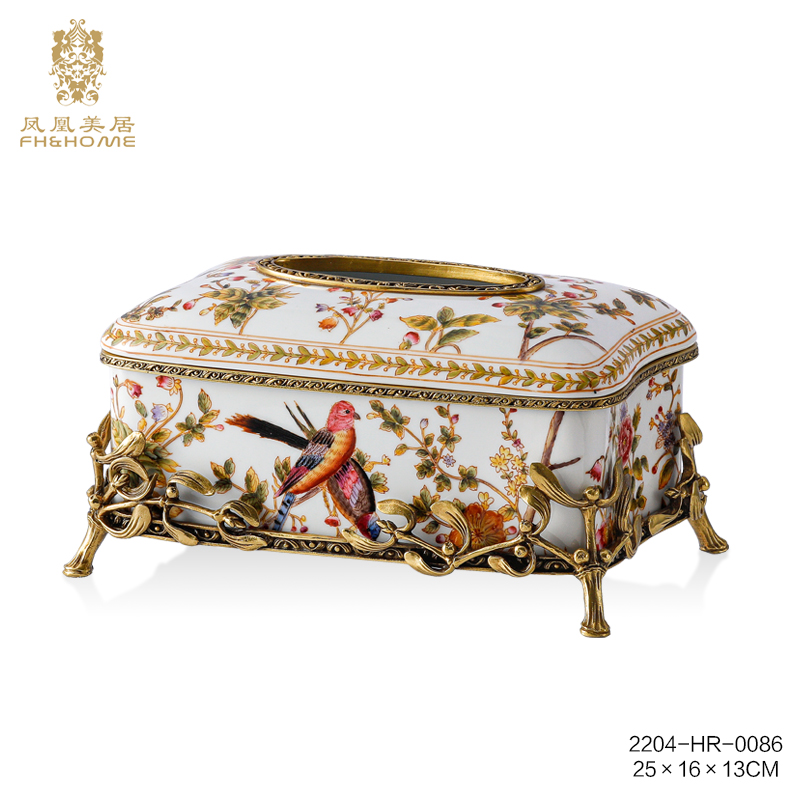 FH&HOME/凤凰美居奢华彩绘客厅装饰纸巾盒铜配瓷摆件