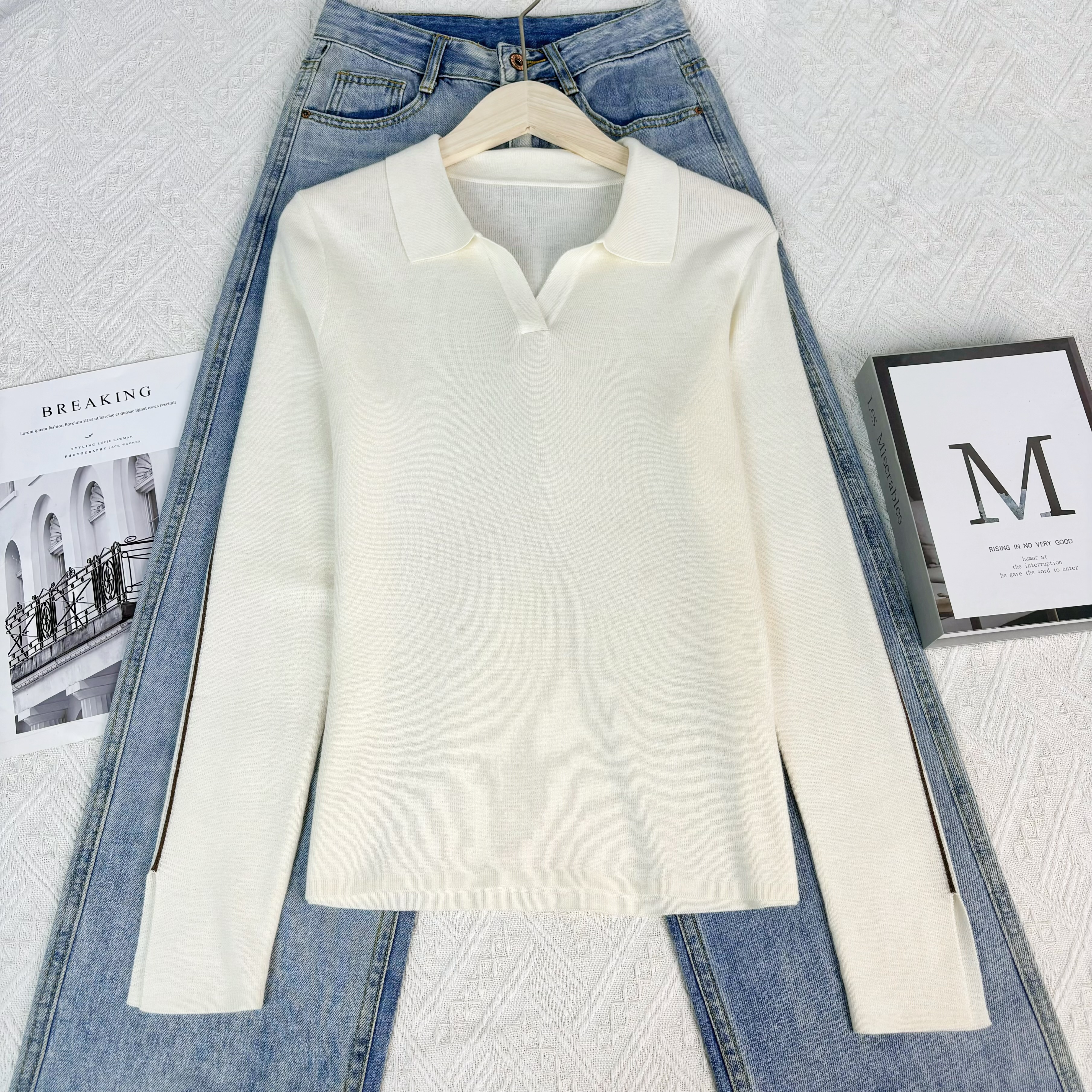 新新定制-撞色边开叉设计感袖口百搭休闲气质针织毛衣494017