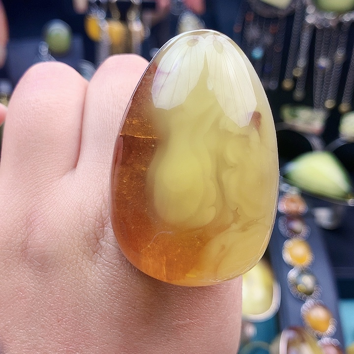 琥珀裸石银S925镶嵌戒指