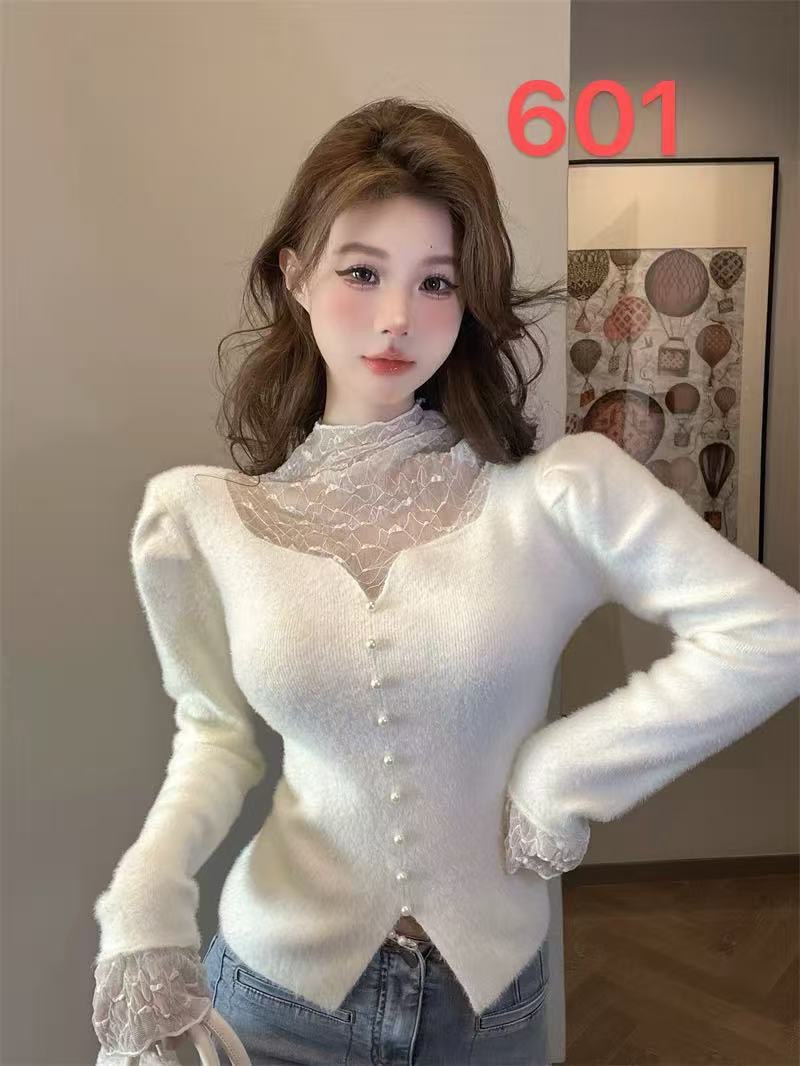 2025秋冬新款法式拼蕾丝木耳花边气质修身假两件针织上衣