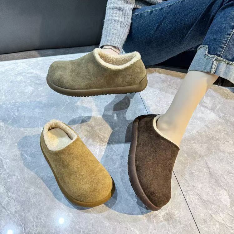 厚底小土豆全包勃肯懒人鞋女加绒棉鞋一脚蹬防滑穆勒鞋平底绒面