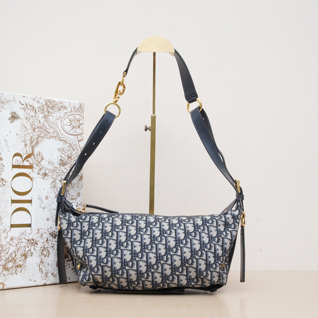 99新 DIOR/迪奥 【黑黑】D-journey 小号 23cm 蓝色 帆布 金扣 