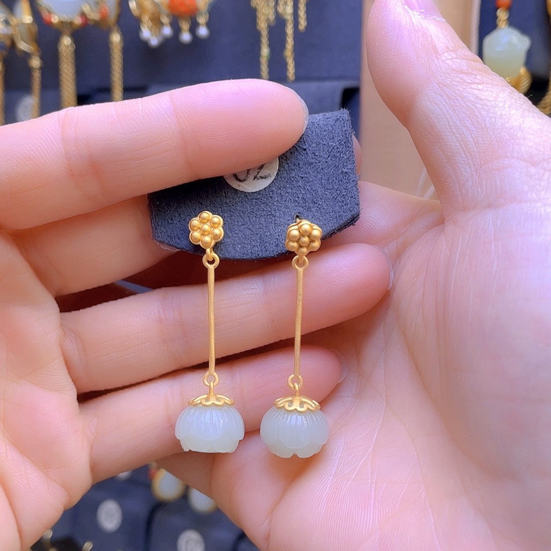 和田玉耳饰银S925镀金镶嵌