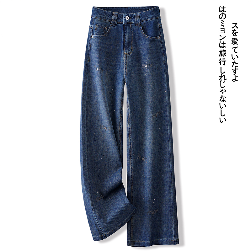 设计感刺绣烫钻牛仔阔腿裤女2025春季新款时尚高腰显瘦拖地直筒裤