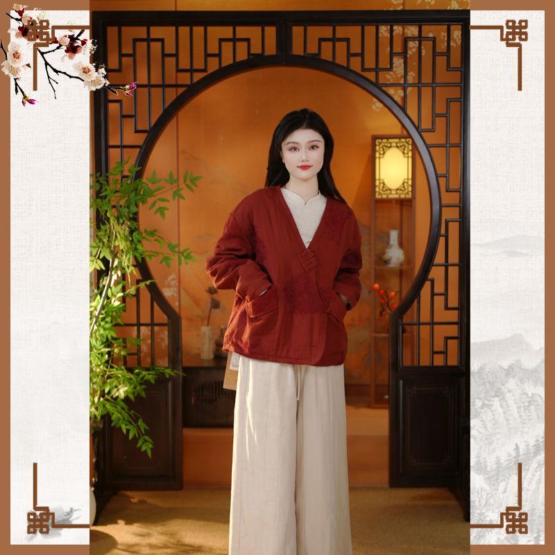 【素韵绣服】秋冬季V领立体浮雕毛巾绣上衣设计款蝙蝠袖棉衣外套