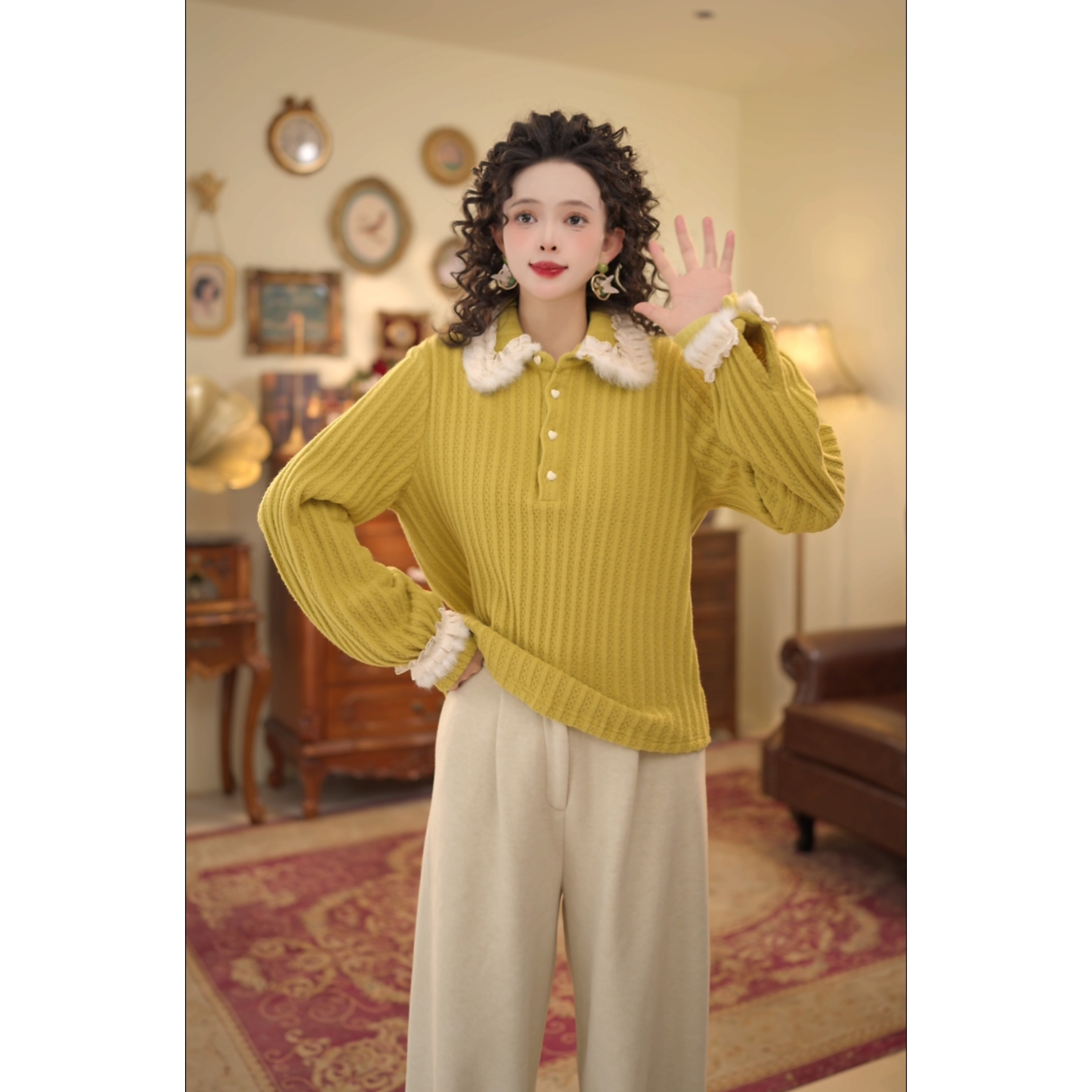 扣子家【伊水芙蓉】复古港风加绒厚款保暖衬衫花边上衣KK0726557