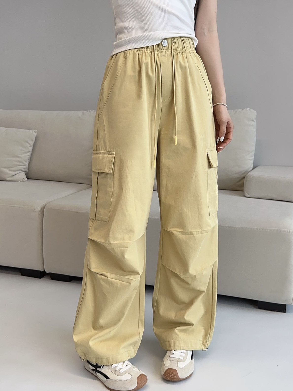 LMM 6303 高腰松紧腰女工装裤裤脚抽绳多口袋2025年春季新款长裤