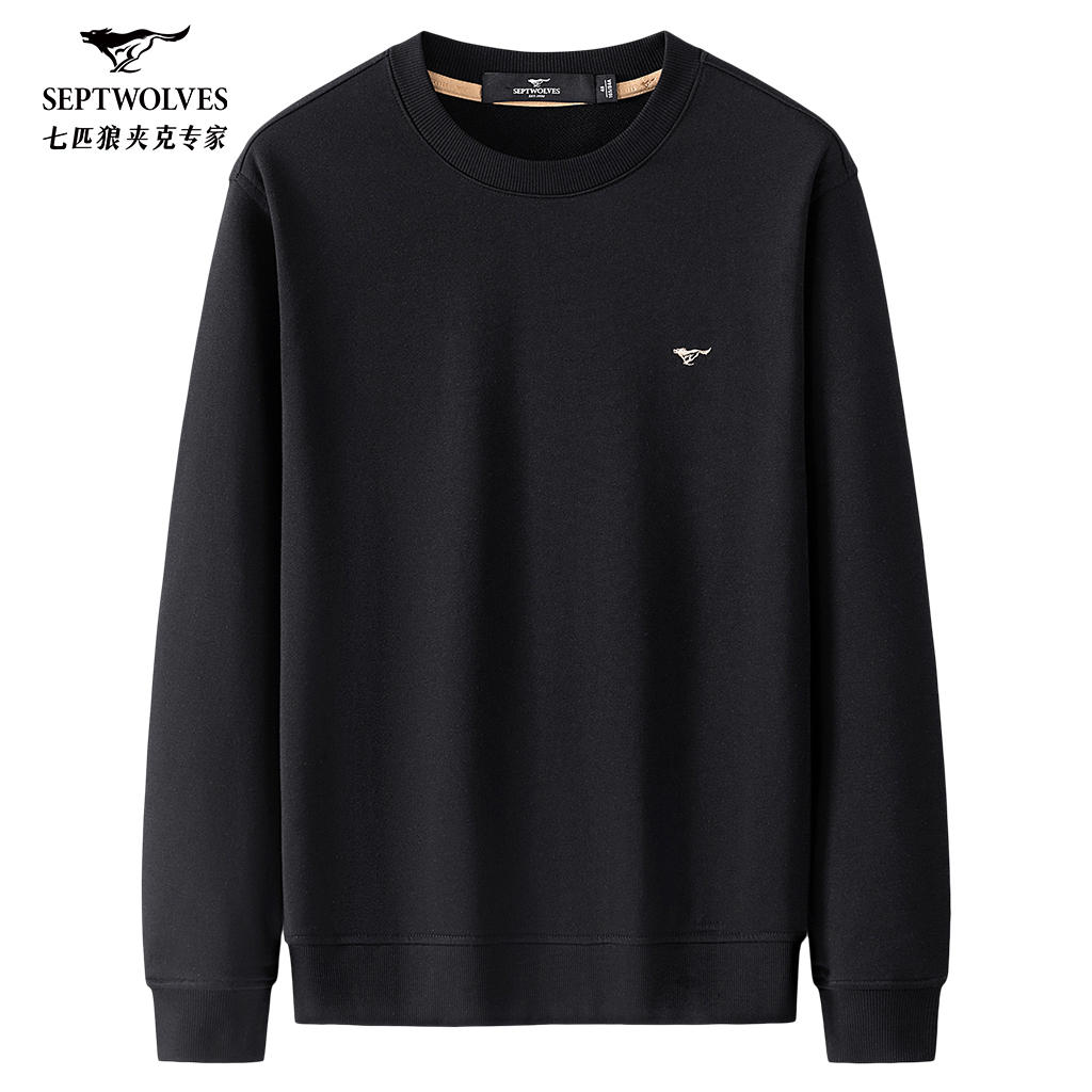 七匹狼黑色圆领无帽卫衣男2025秋季新款休闲长袖t恤男士宽松男装