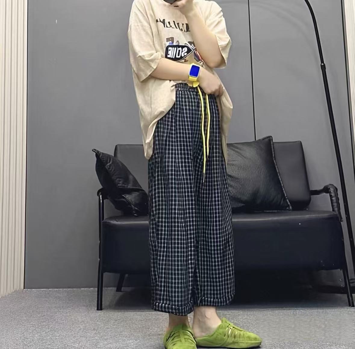 K1239黑拼格子慵懒风宽松休闲裤