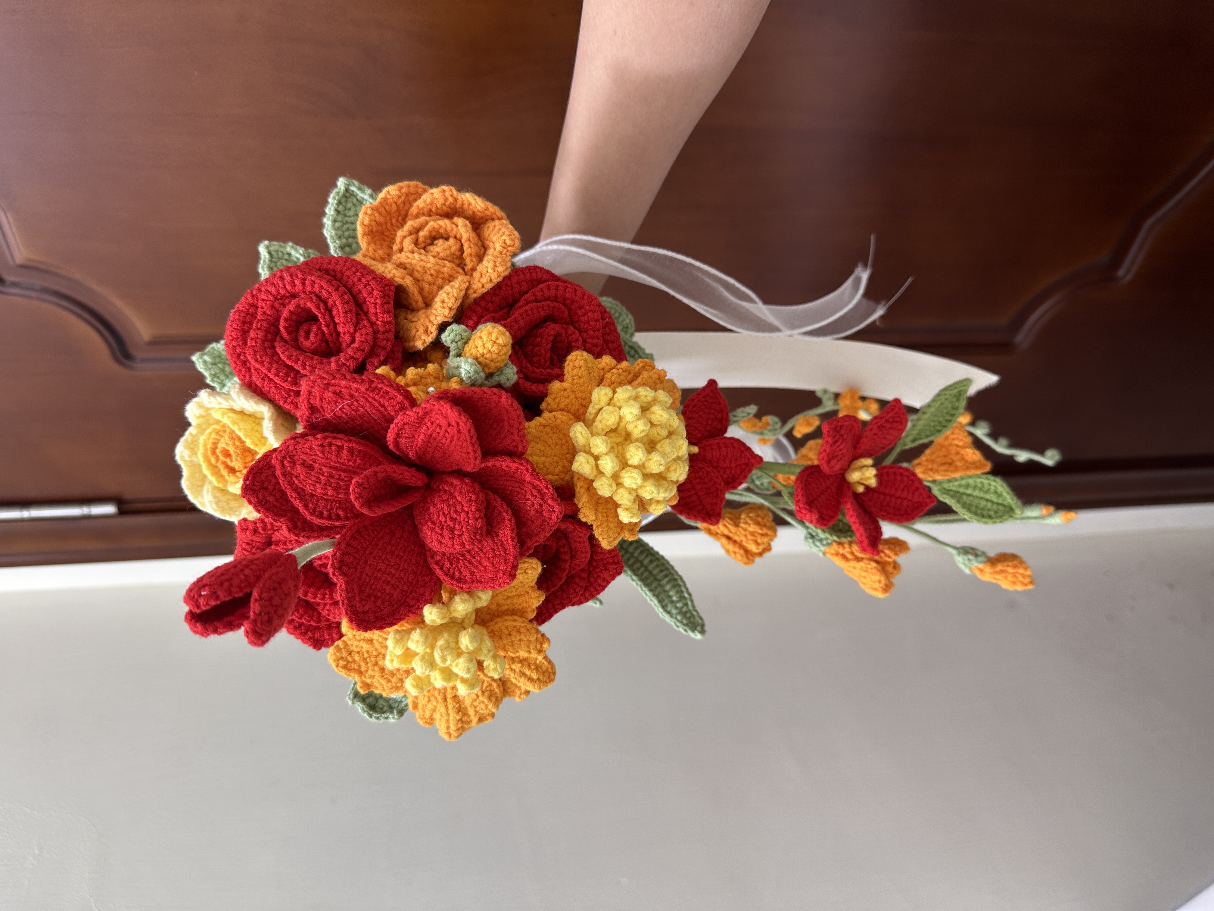 黄橙色复古钩织手捧花高级高级订婚备婚结婚小众成品（不包括胸花）