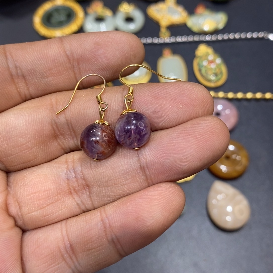 玛瑙/玉髓耳钉银S925镀金镶嵌