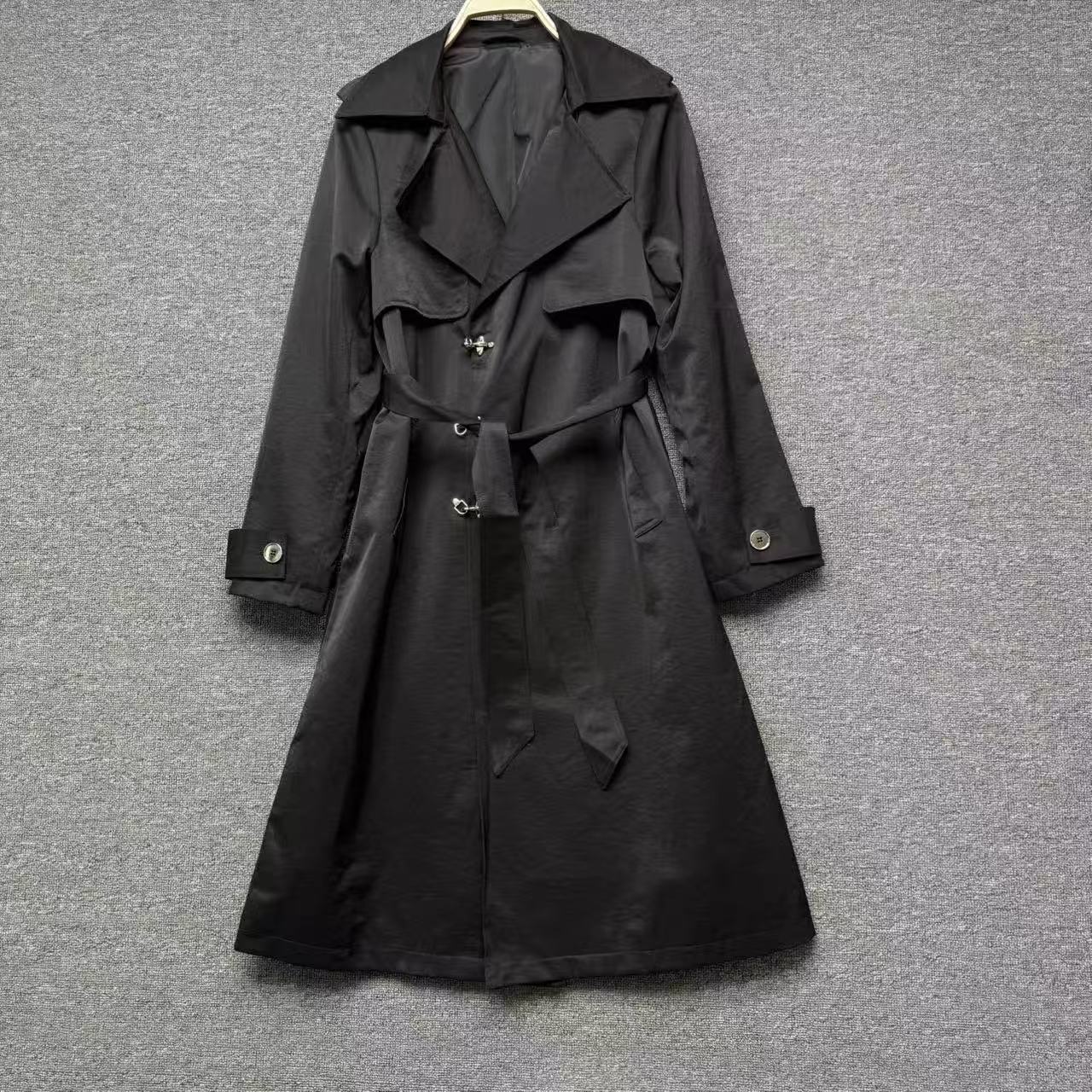 秋宽松型中长款女黑色女士风衣黑色时尚网红双排扣