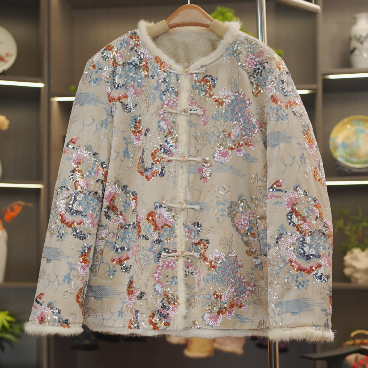 【兰亭序】双面穿水貂绒新中式老料刺绣钉珠国风双面加厚保暖外套