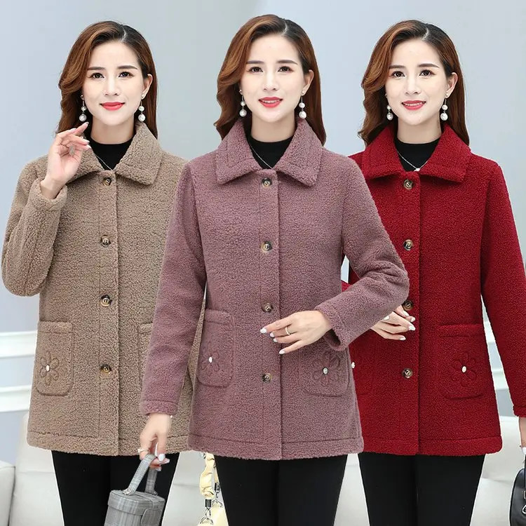 B141中老年秋冬新款加厚保暖仿羊羔毛大衣皮毛一体中长款外套