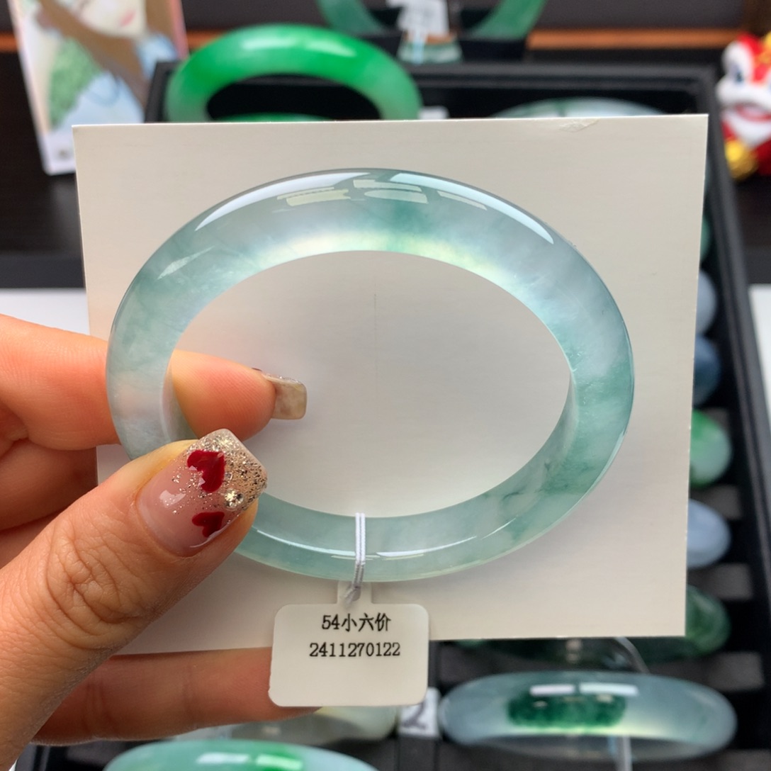 翡翠手镯未镶嵌54冰蓝绿飘花正圈