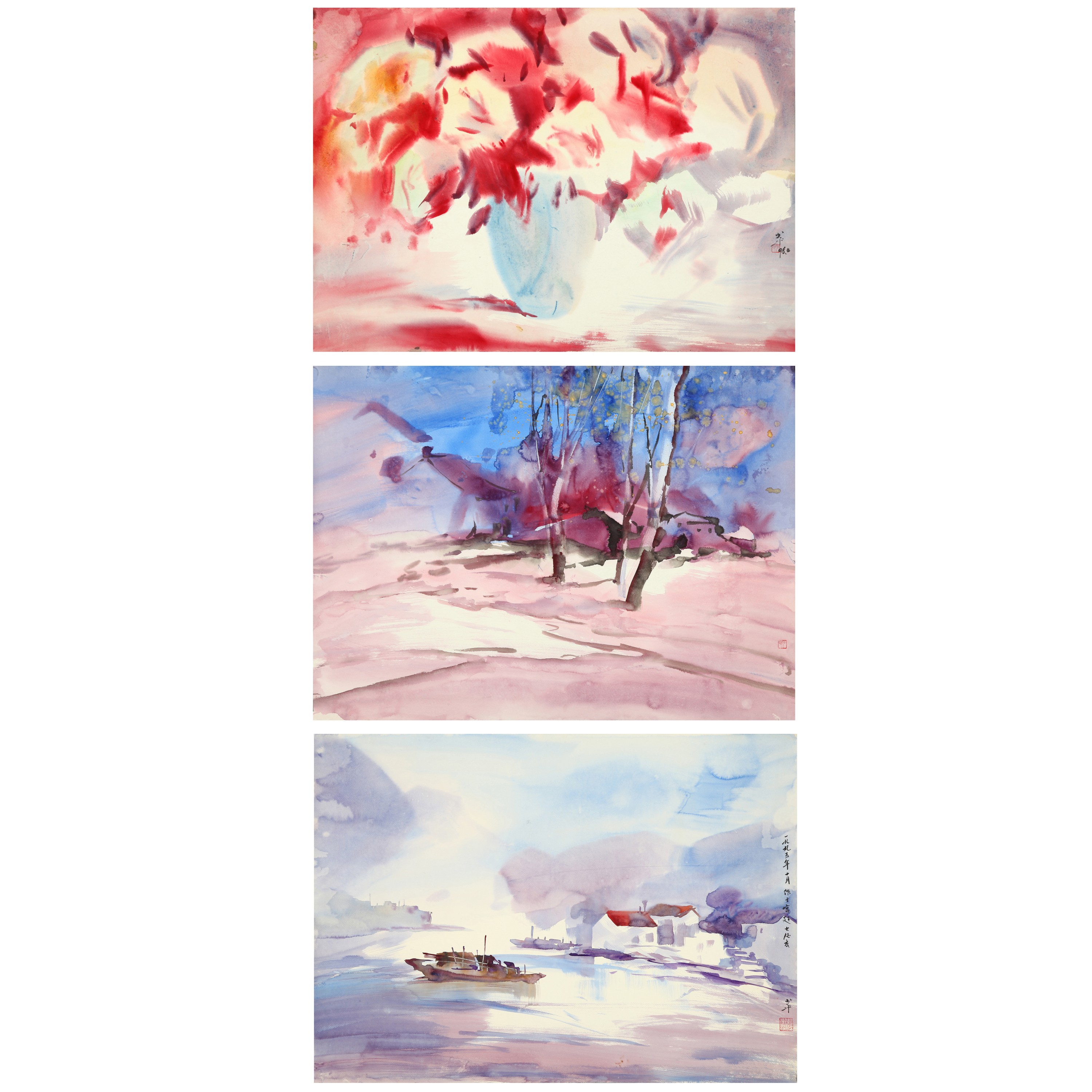 9640、陈少平 水彩风景（三帧）【宣德96拍卖】