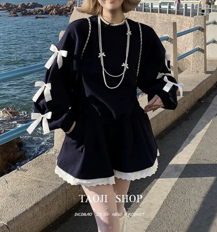 루루가−  （巴黎春游）韩国东大门立体蝴蝶结卫衣蕾丝花边短裤两件套