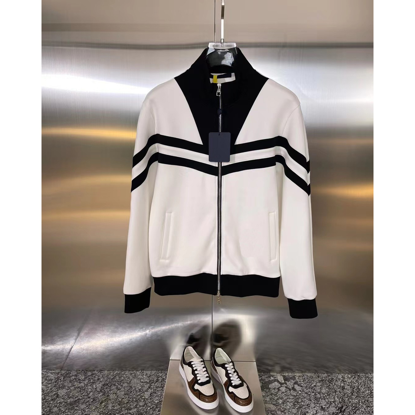 秋冬新款男条纹卫衣外套夹克休闲潮流时尚帅气立领轻奢百搭拼接