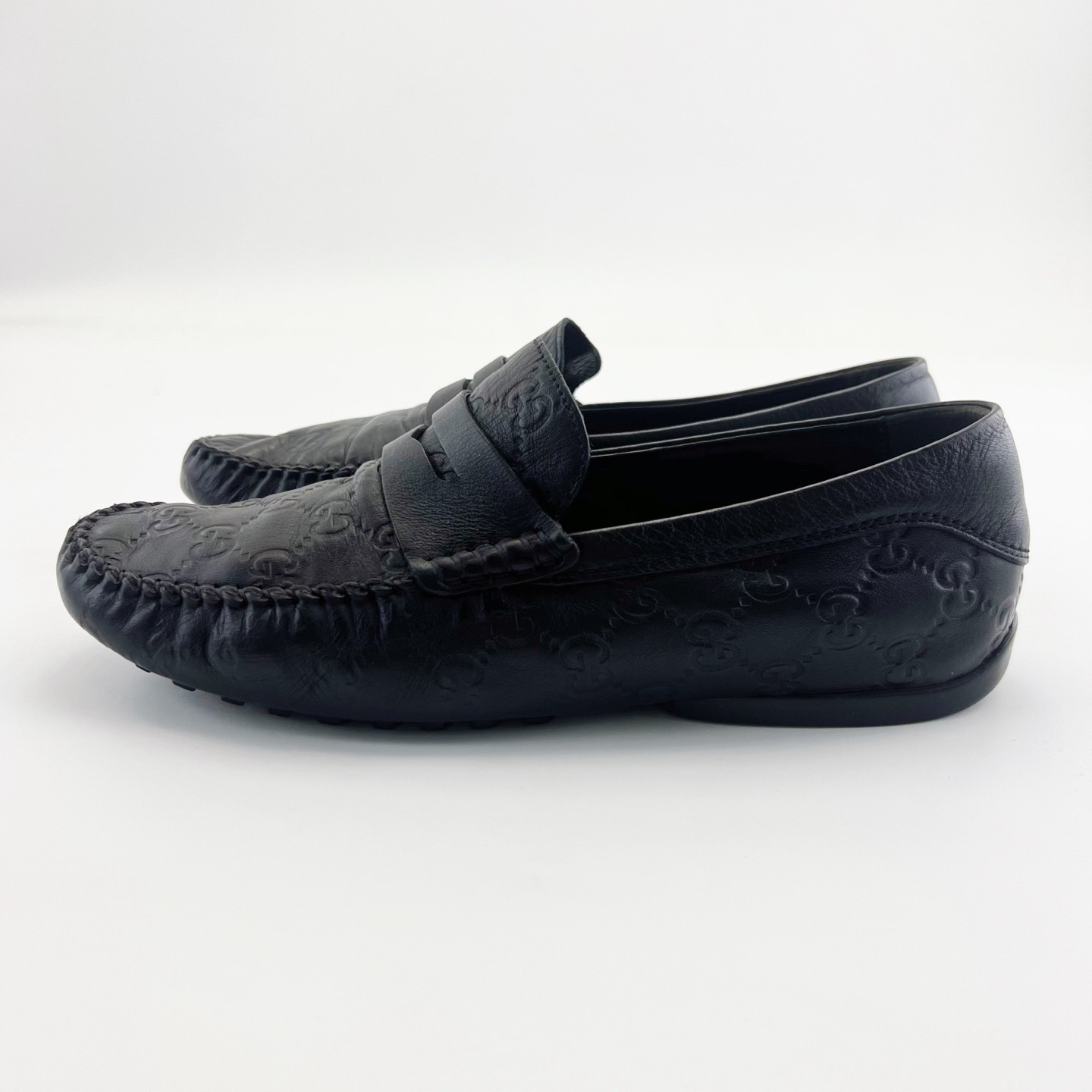 95新 GUCCI/古驰 39.5码/黑色牛皮印花一脚蹬豆豆鞋/15651216