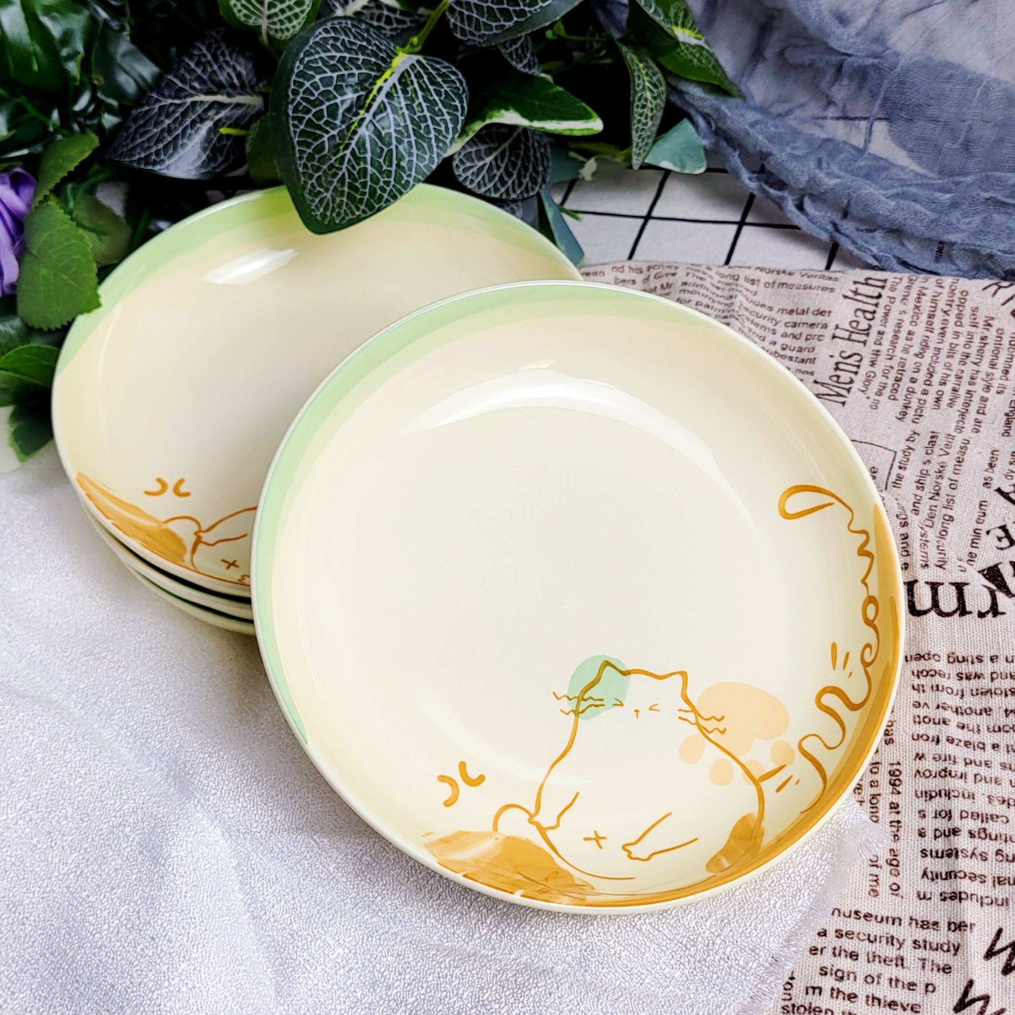 ins奶油风萌趣猫7英寸圆盘高颜值釉下彩盘子（偶有瑕疵）