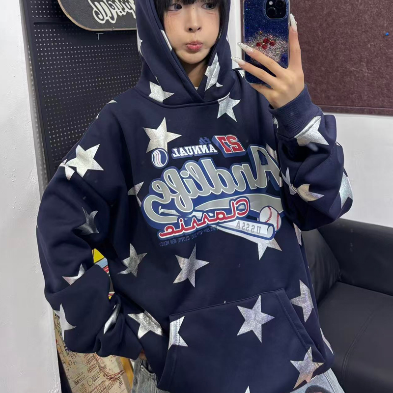 ANDLIFE品牌秋冬新款潮牌连帽加绒烫银美式印花帽衫男女卫衣宽松