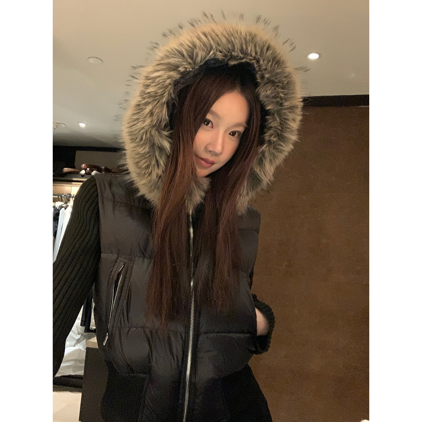 【HRG】冬季美式复古时尚连帽毛领修身羽绒服254Y4596