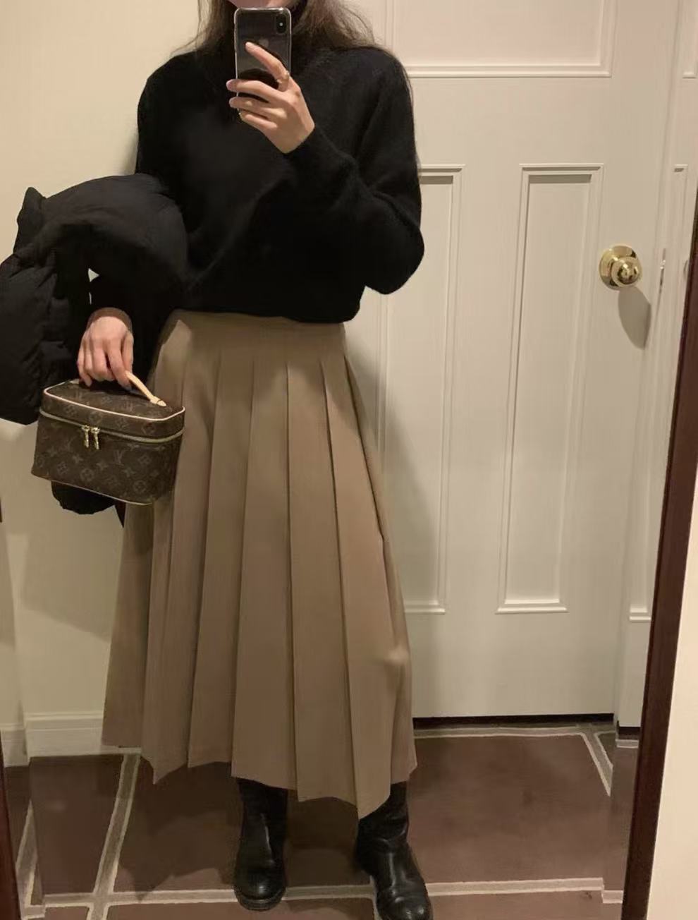 半身裙高腰纯色百褶裙不加绒
