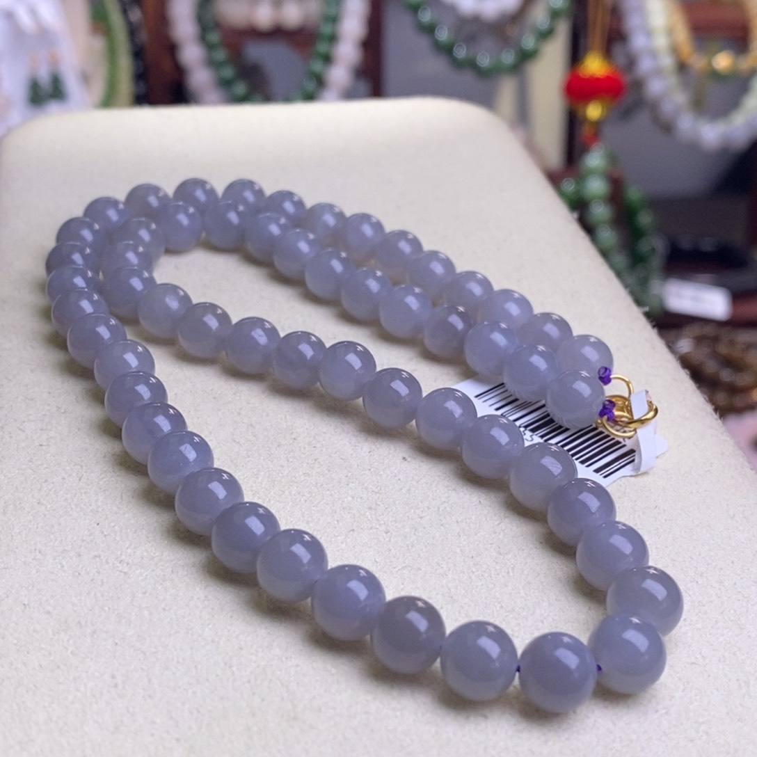 和田玉收藏级冰烟紫高冰老矿料圆珠项链8m未镶嵌