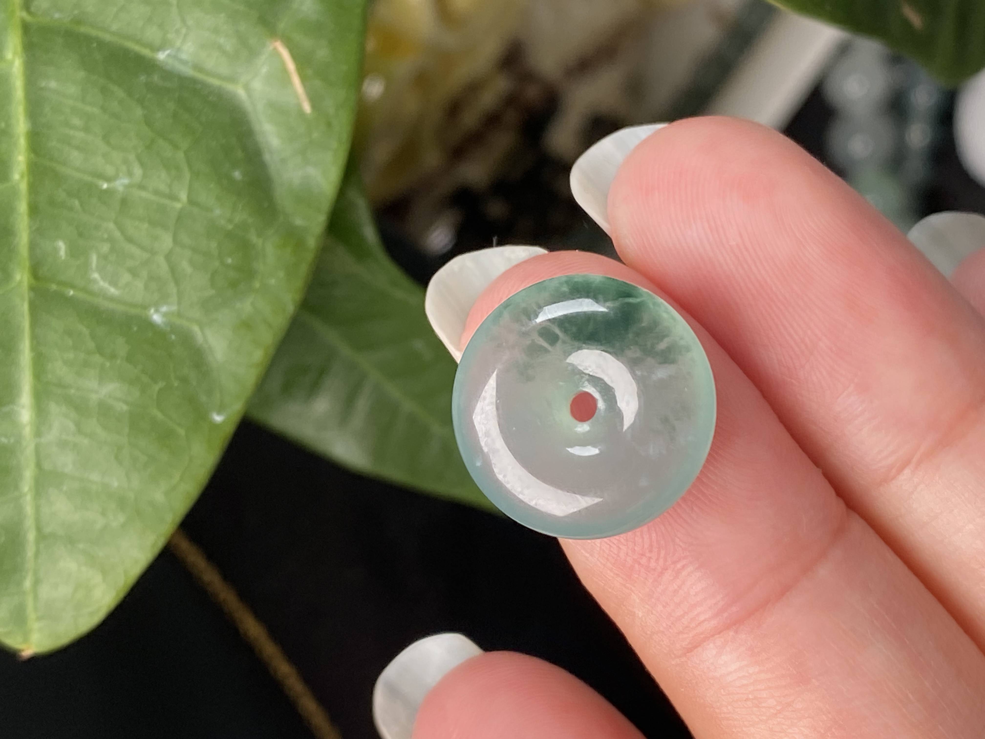 纯天然翡翠A货平安扣冰飘花 可以编手绳尺寸14.8-4.3