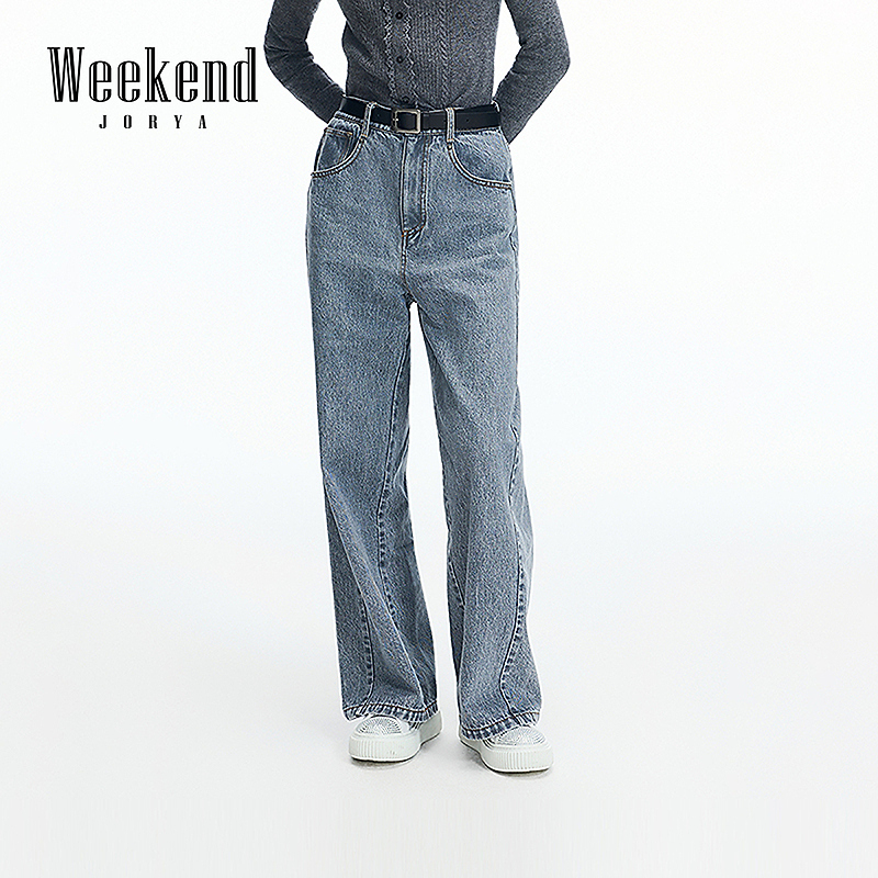 【赵老板专属】卓雅周末冬季设计感复古高腰直筒灰牛仔长裤Q260950C
