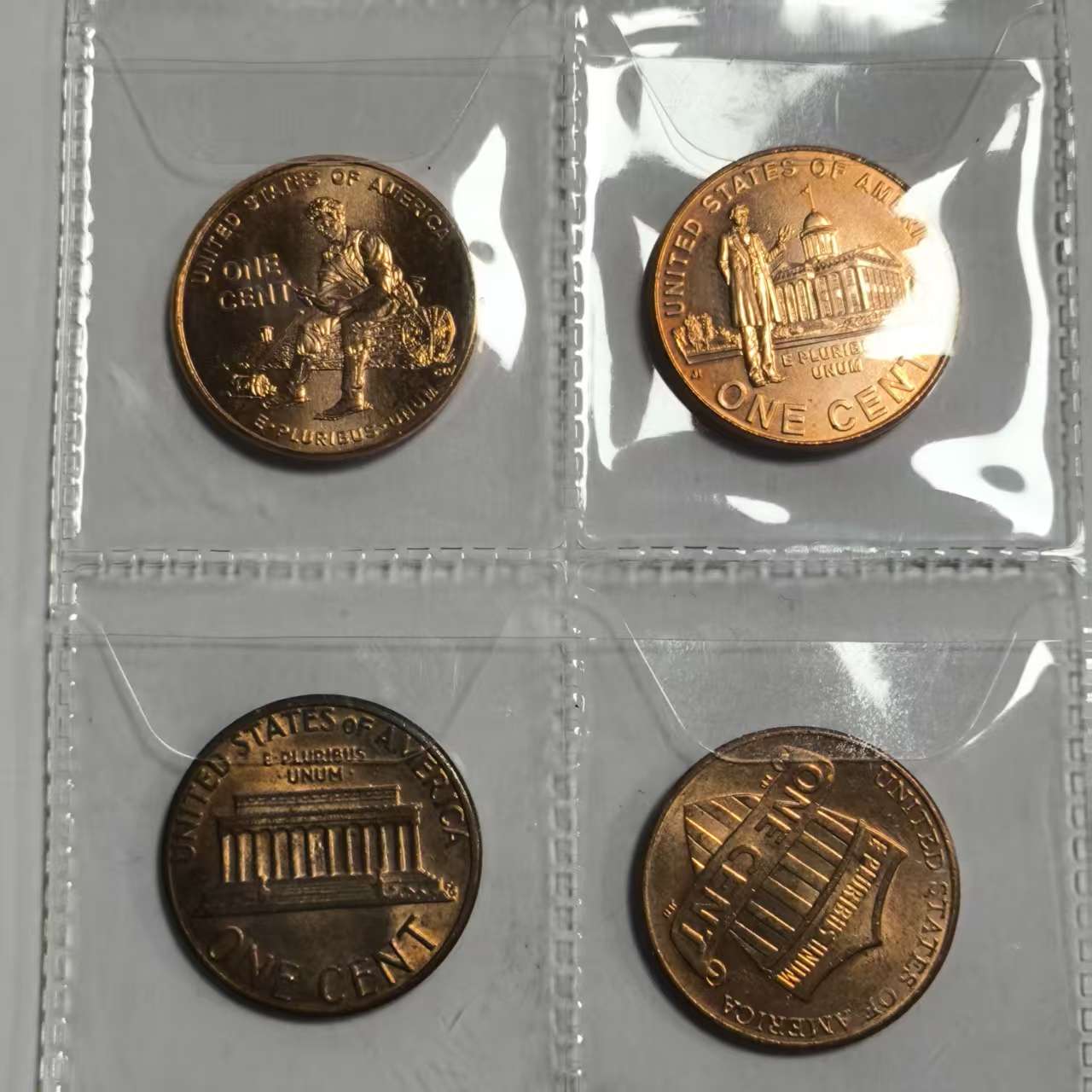 美国1分美分青铜硬币四枚一组 纪念堂和盾牌不是新品