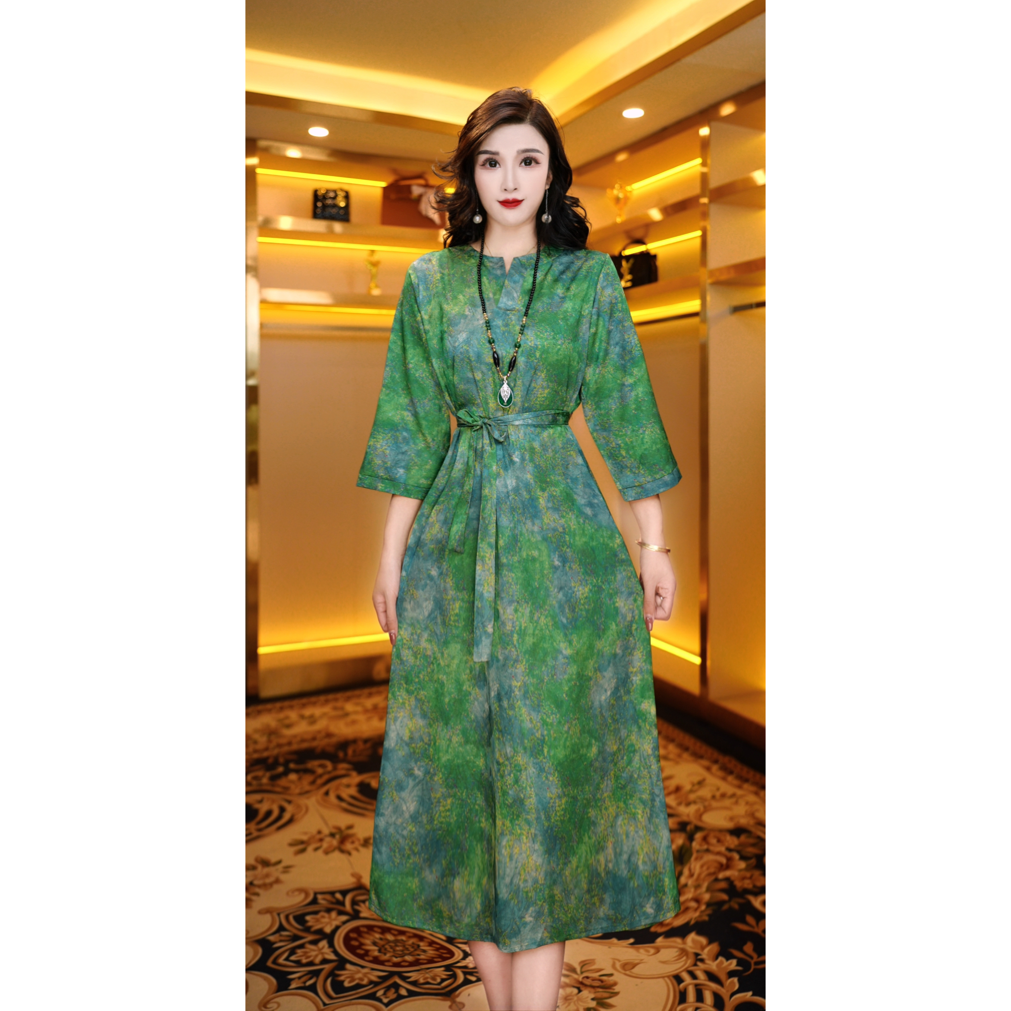 【运费补贴】1436-9A绿色专柜款国风传承气质显瘦连衣裙