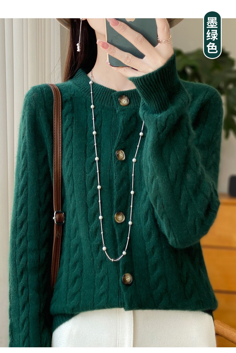 100%纯毛七针加厚绞花开衫百搭圆领女绞花衫韩版慵懒风秋冬网红