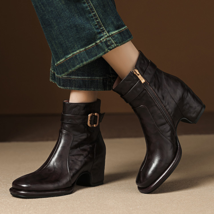 6.5内增高复古棕色高跟百搭真皮粗跟秋冬英伦法式老钱风短靴8522