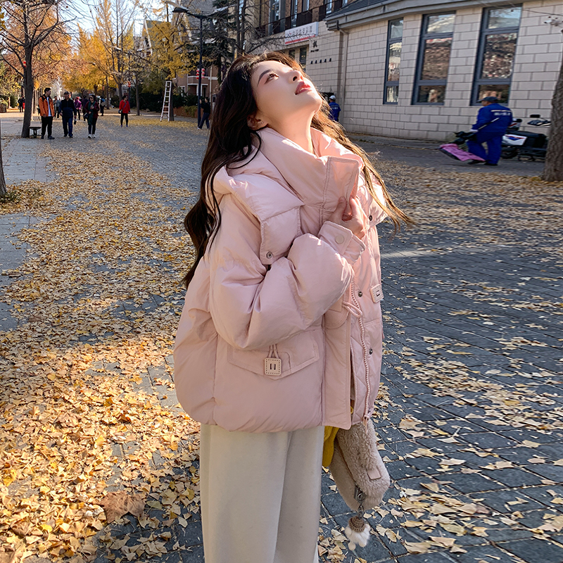 学院风女学生ins连帽修身加厚棉服法式纯色短款长袖冬装时尚棉衣