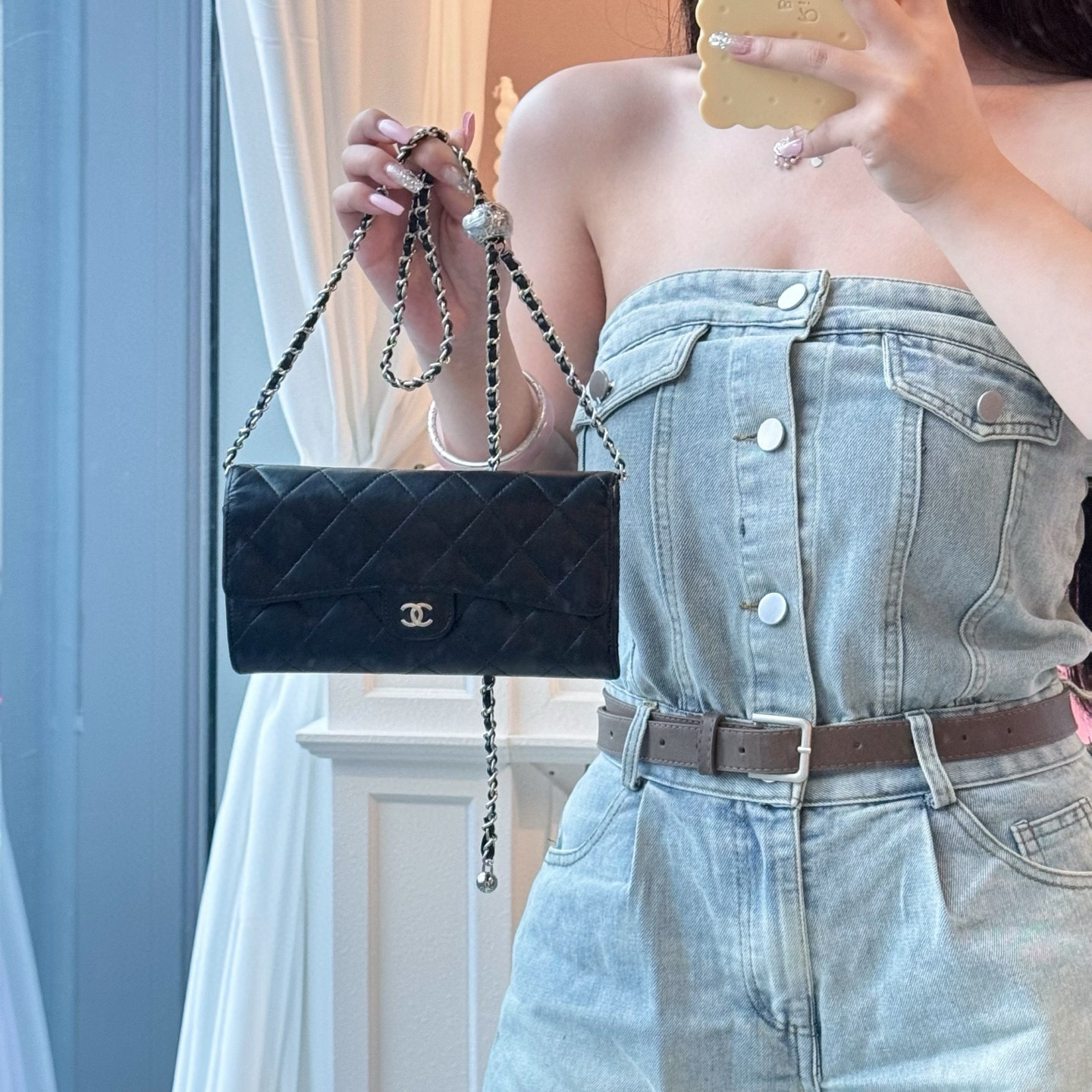 95新 Chanel/香奈儿 chanel黑银cf菱格纹钱包