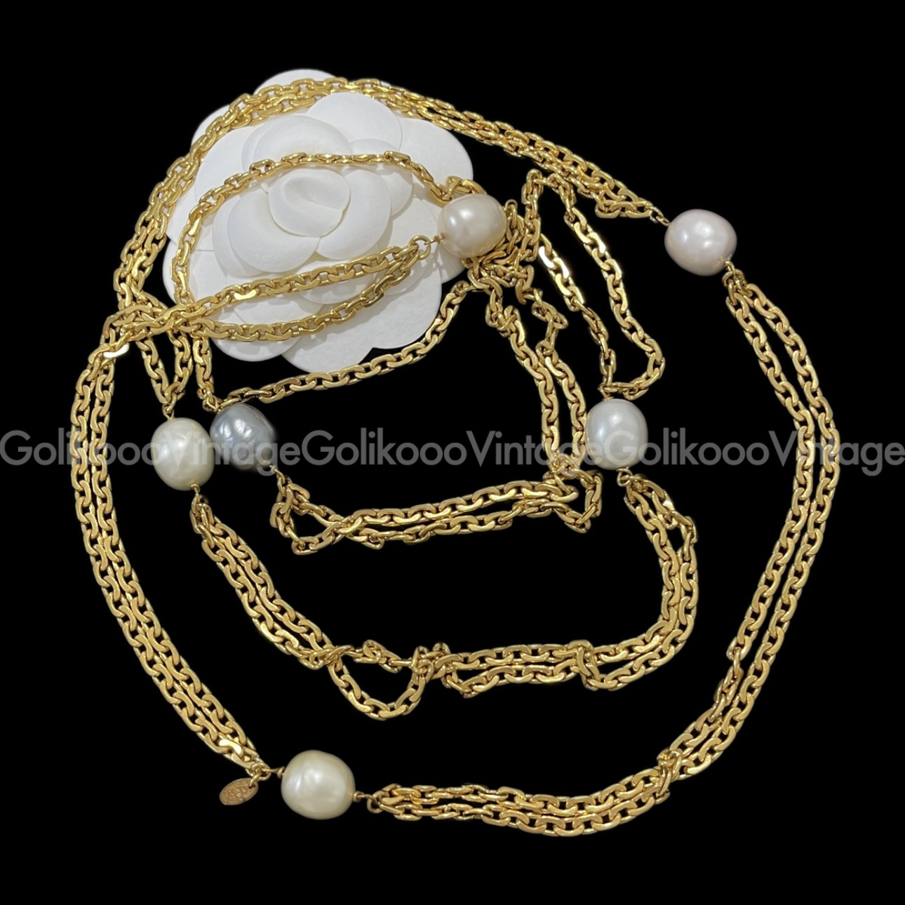 95新 Chanel/香奈儿 金色双层链条珍珠项链RB7102405