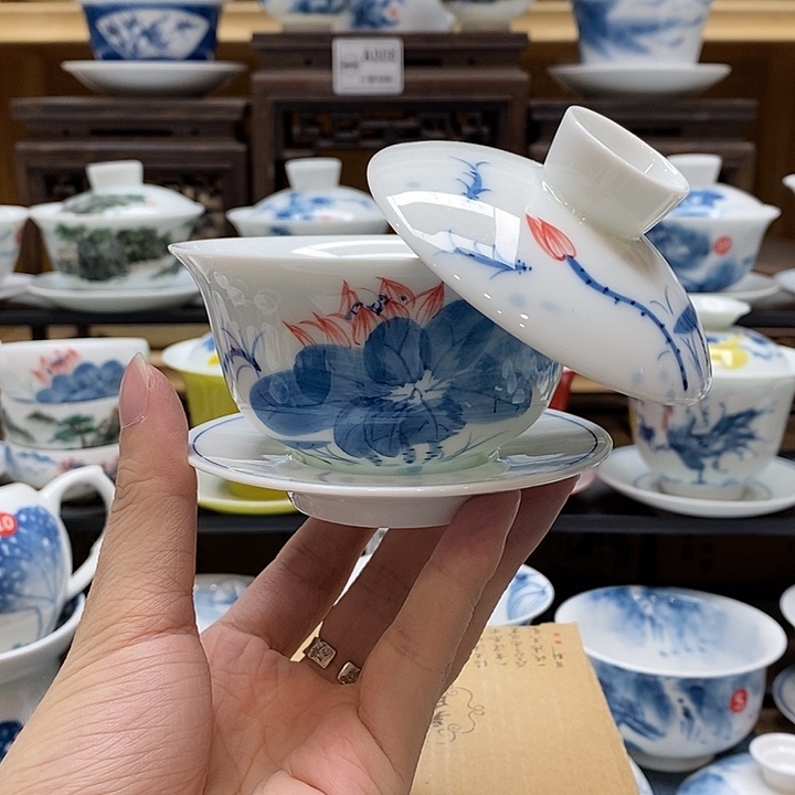 手绘荷花悬停盖碗150cc釉下彩微瑕福利款