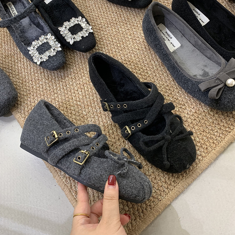 内增高！法式蝴蝶结玛丽珍鞋加绒女鞋秋冬配裙子呢子单鞋高跟鞋