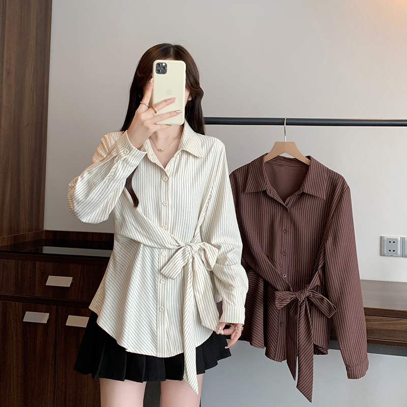 2025秋装新款胖mm大码女时尚经典条纹绑带收腰显瘦衬衫上衣23016