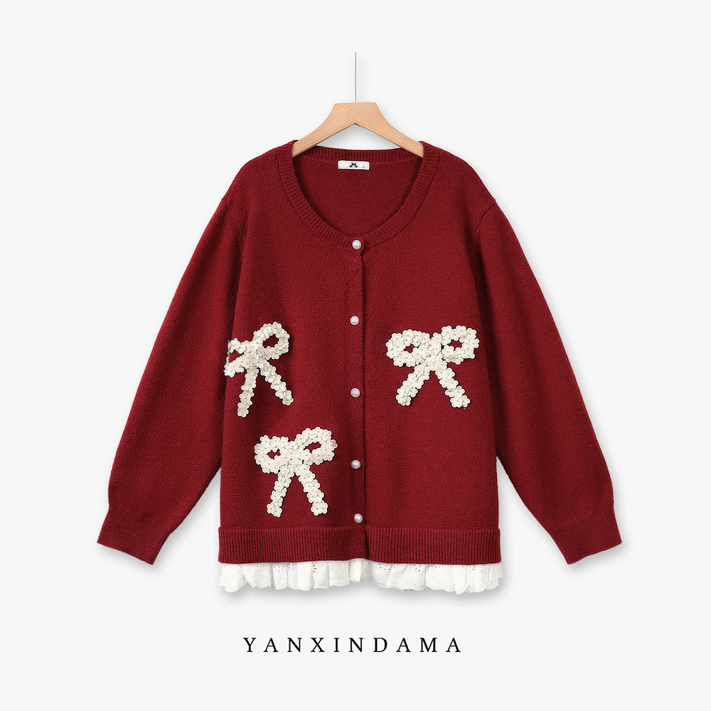 大码女装300斤胖MM甜美风蝴蝶结亮片宽松毛针织衫10246