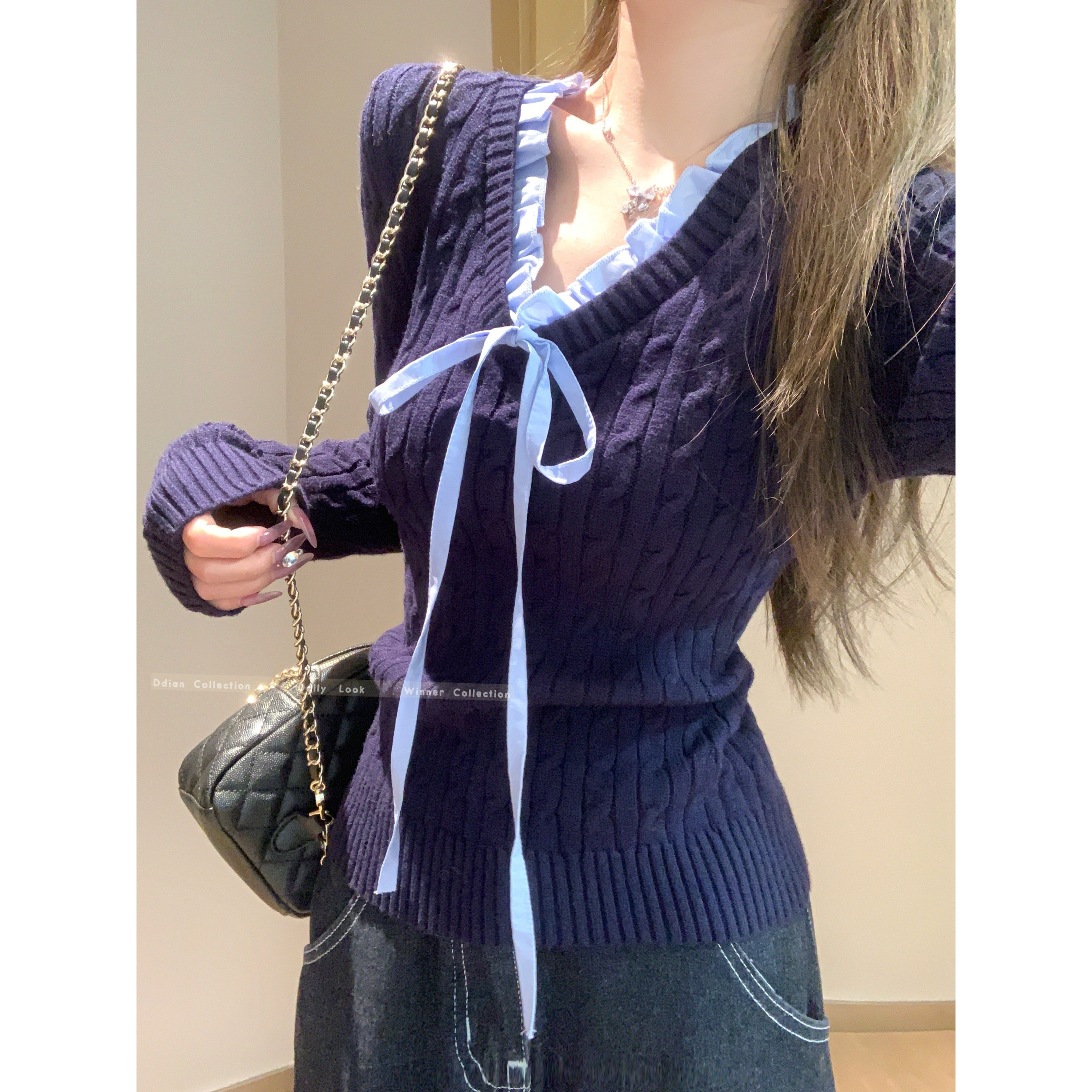 【漂亮别致】纯欲风甜辣妹显瘦针织衫女2024秋冬新款蝴蝶结拼接上衣
